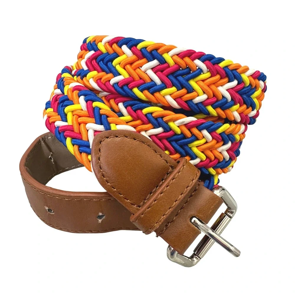 Braided Stretch Woven Elastic Belt Multicolor Faux Leather Trim Silver Buckle